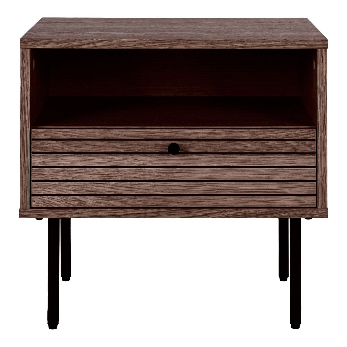 Modern Smoked Oak Side Table with Drawer – Black Metal Legs
