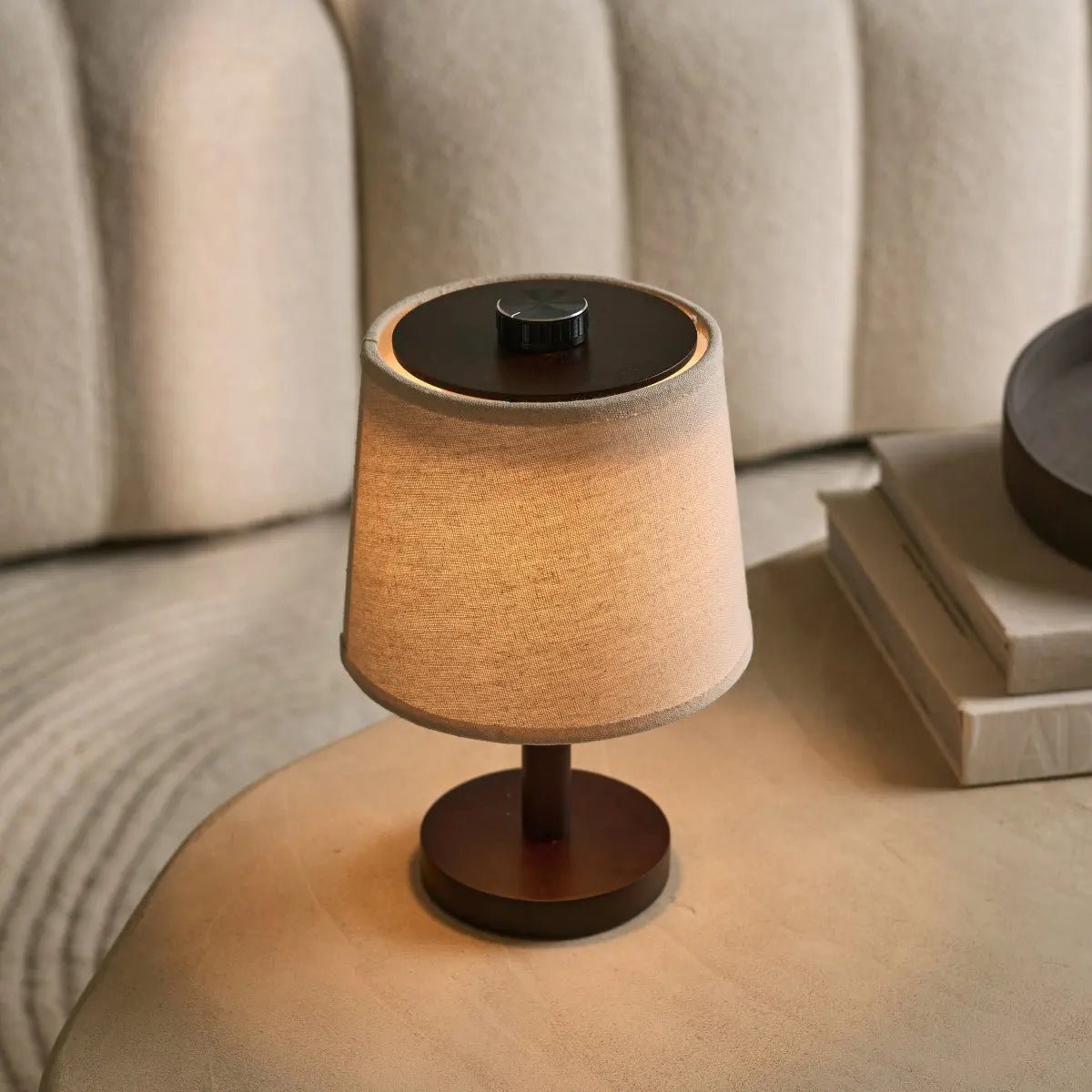 Rover Dark Brown Wooden Rechargeable Lamp | Cordless, Dimmable & Linen Blend