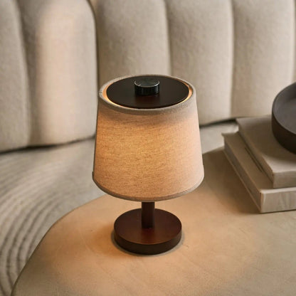 Rover Dark Brown Wooden Rechargeable Lamp | Cordless, Dimmable & Linen Blend