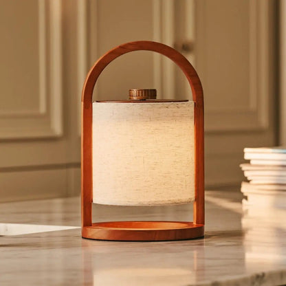Wooden Rechargeable Table Lamp - Chestnut Brown Linen Blend, 27cm