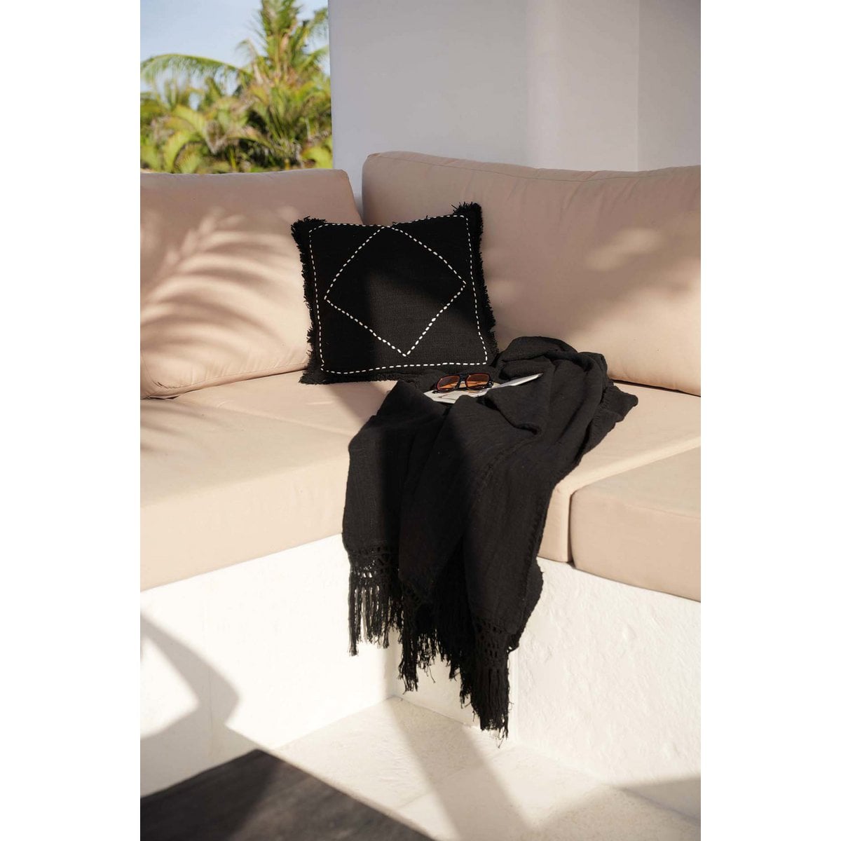 Black Cotton Bed Throw - Bohemian Style, Soft Cozy Throw
