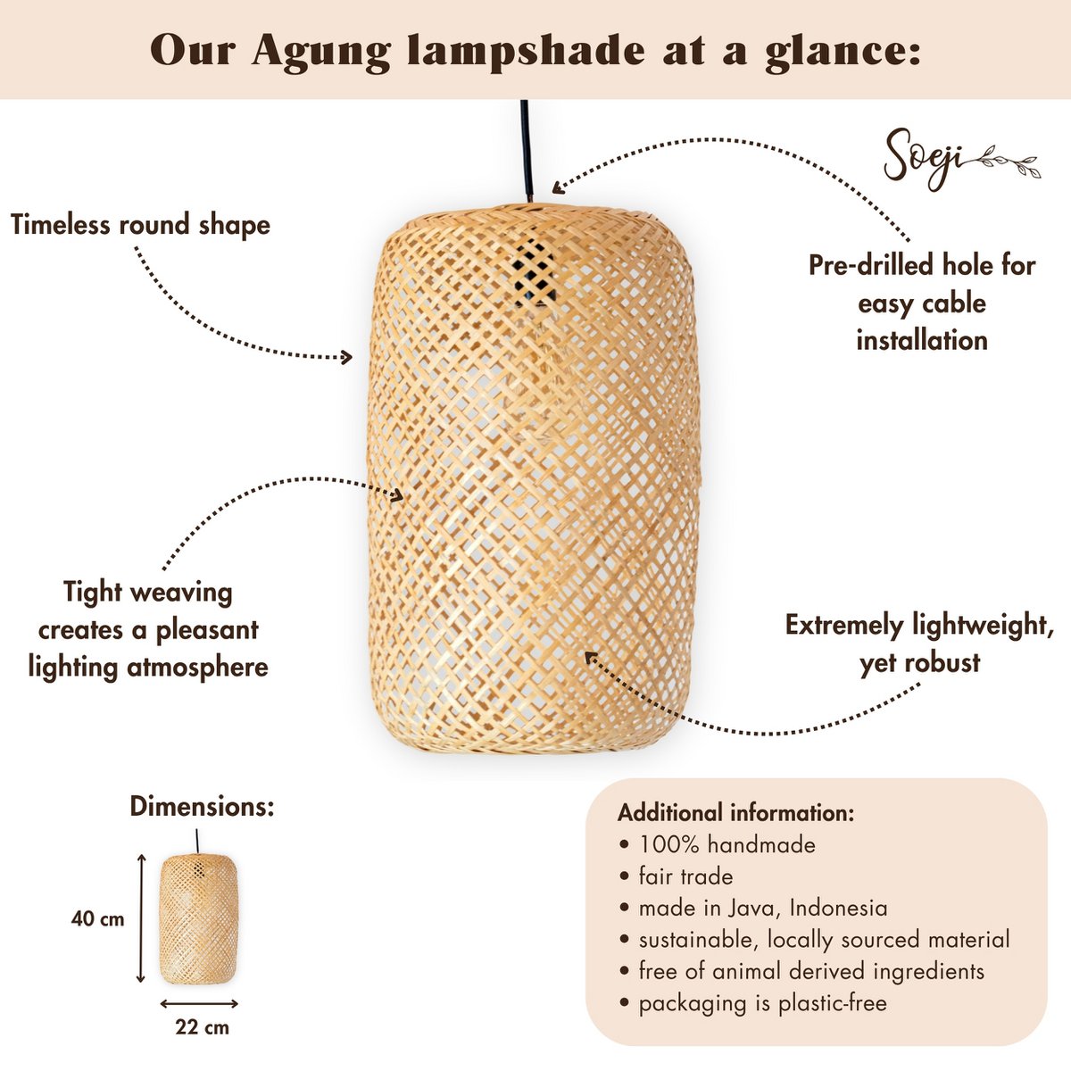Woven Bamboo Lampshade – Handmade Pendant Lamp AGUNG (Ø 22 cm)