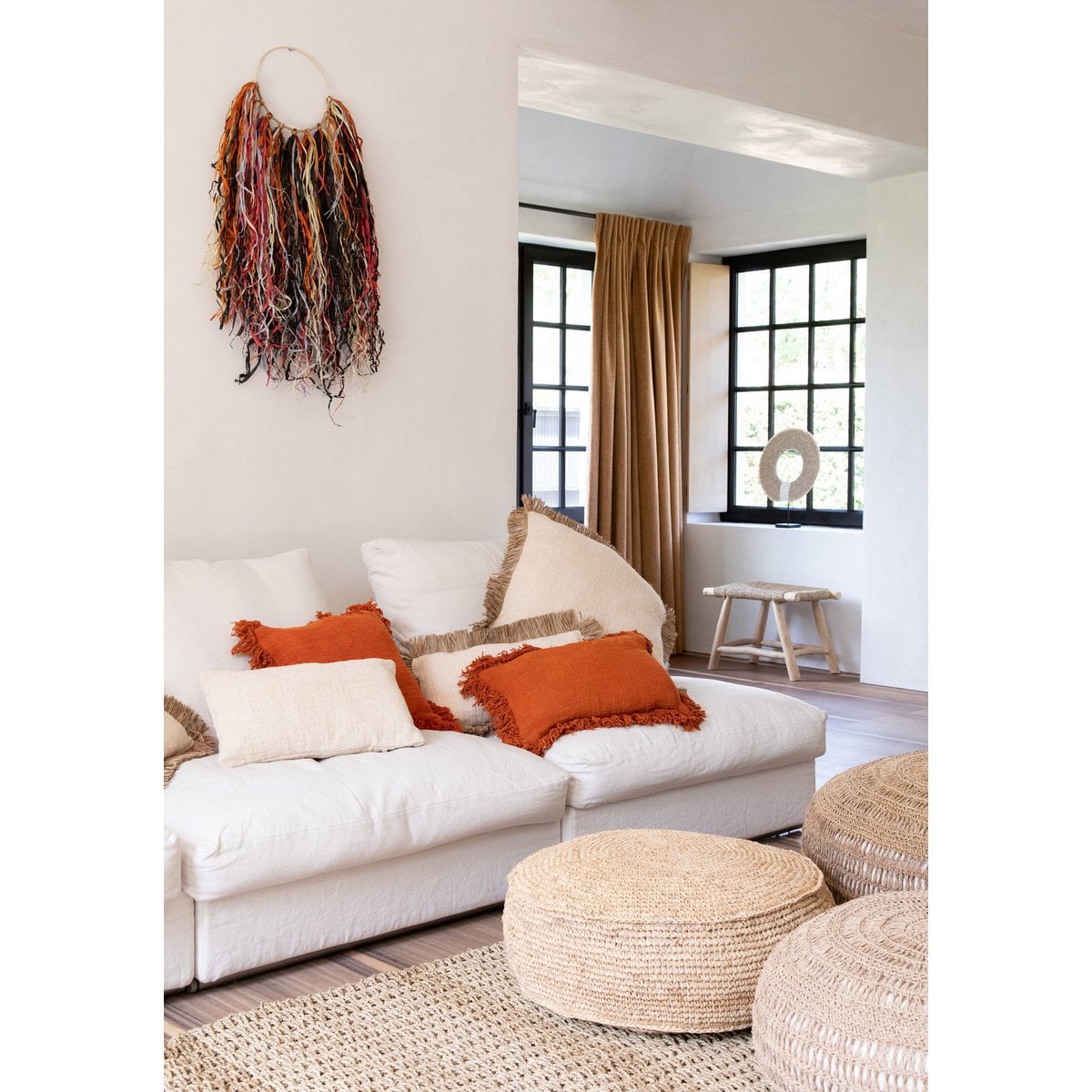 Raffia Pouffe - Natural Woven Ottoman, Round Accent Seating