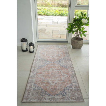 Chenille Hallway Runner - Blue & Orange Ornate Design, 80x200 cm