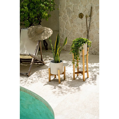 Terracotta Planter with Teak – Concrete Natural Low Planter, Small