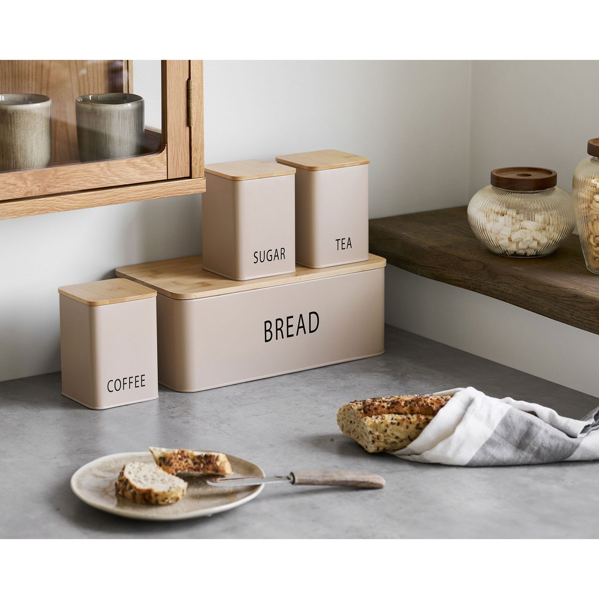 Metal Bamboo Bread Box Set – Beige Bread Storage with 3 Cans