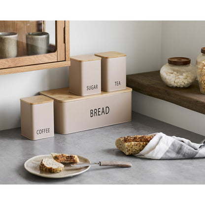 Metal Bamboo Bread Box Set – Beige Bread Storage with 3 Cans