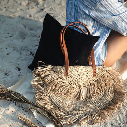 Raffia Shoulder Bag with Fringes - Beige Beach Tote SUMBAWA