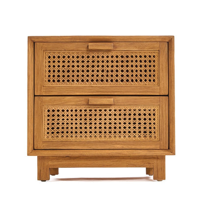 Rattan Nightstand Natural Teak – Woven Bedside Table with Drawers
