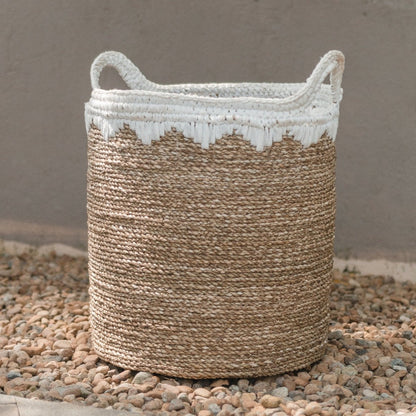 Seagrass Laundry Basket - Large Round Woven Storage Basket, White Cotton