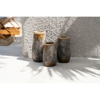 Terracotta Vase - Antique Grey Raffia Accent - Small
