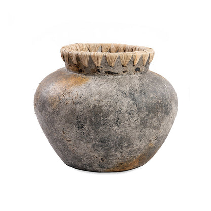 Terracotta Vase - Antique Grey Raffia Vase - Medium