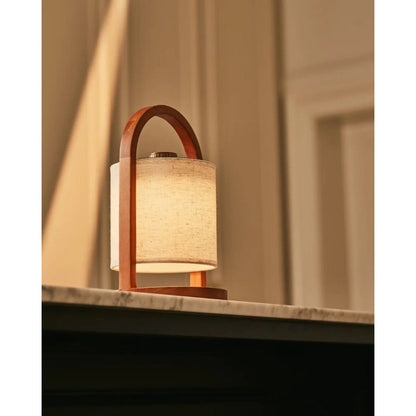Wooden Rechargeable Table Lamp - Chestnut Brown Linen Blend, 27cm