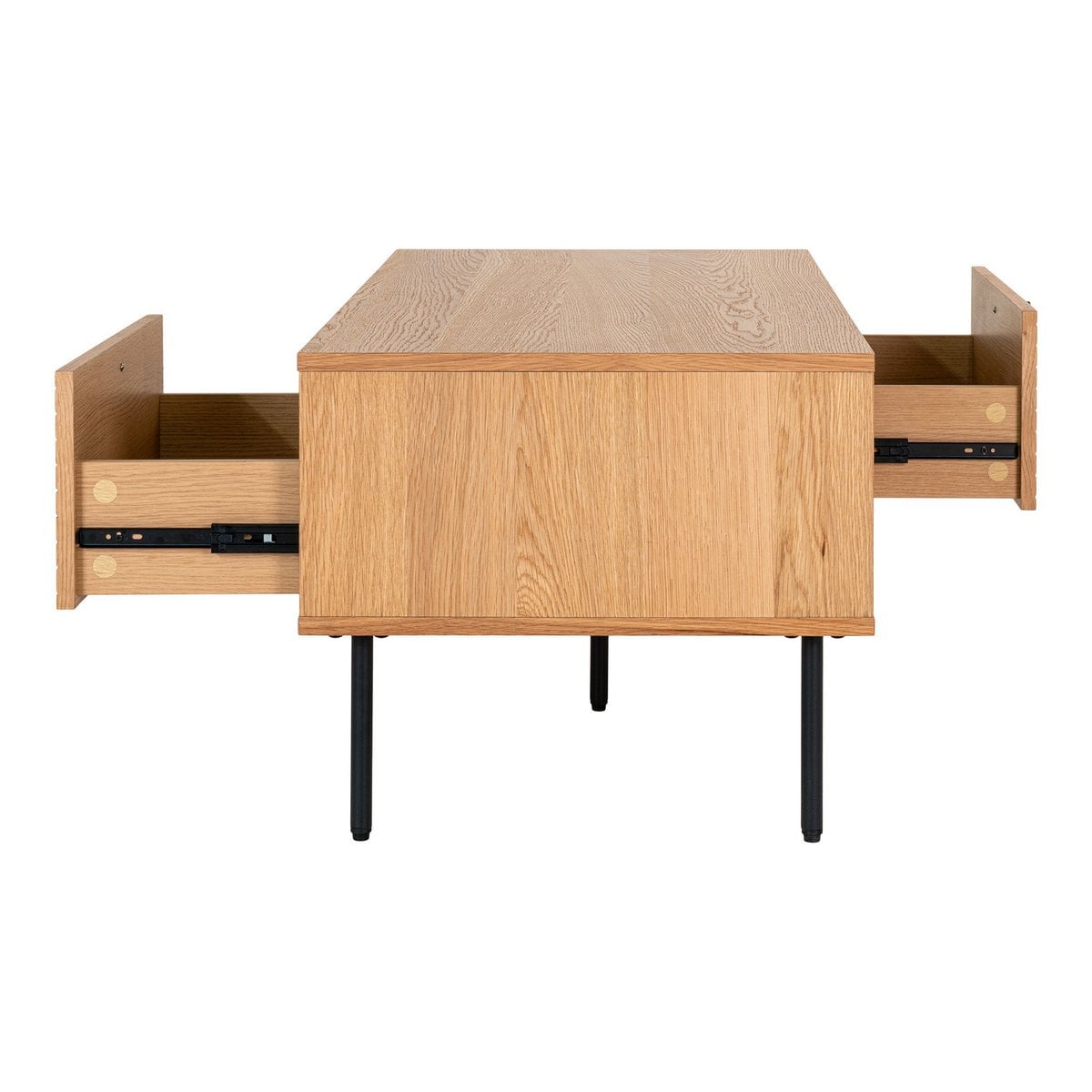 Kyoto Coffee Table - Coffee Table, oak veneer, black metal legs, 2 drawers, 50x100x45 cm