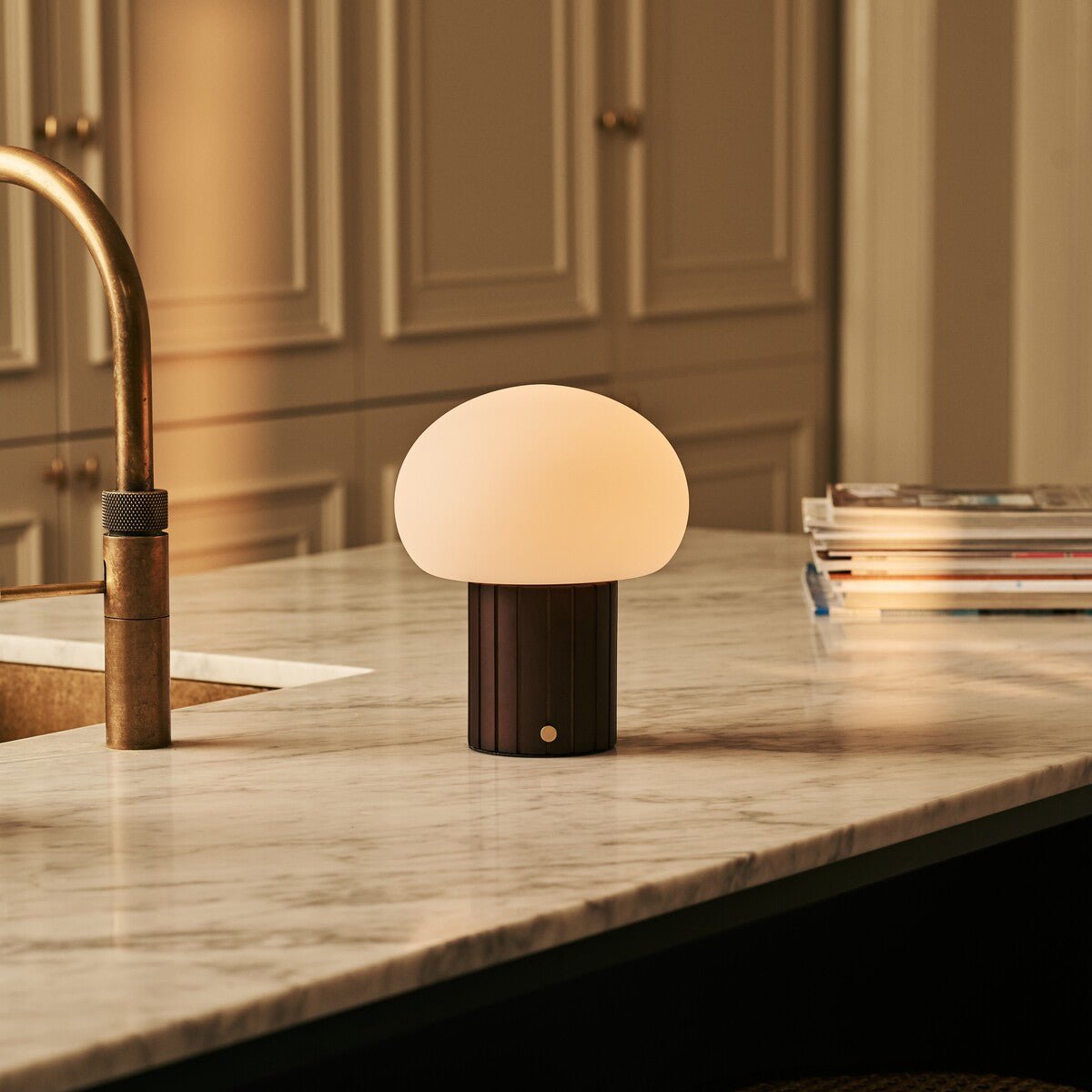 Cordless Table Lamp - Dark Brown Rechargeable Lamp with Glass Shade