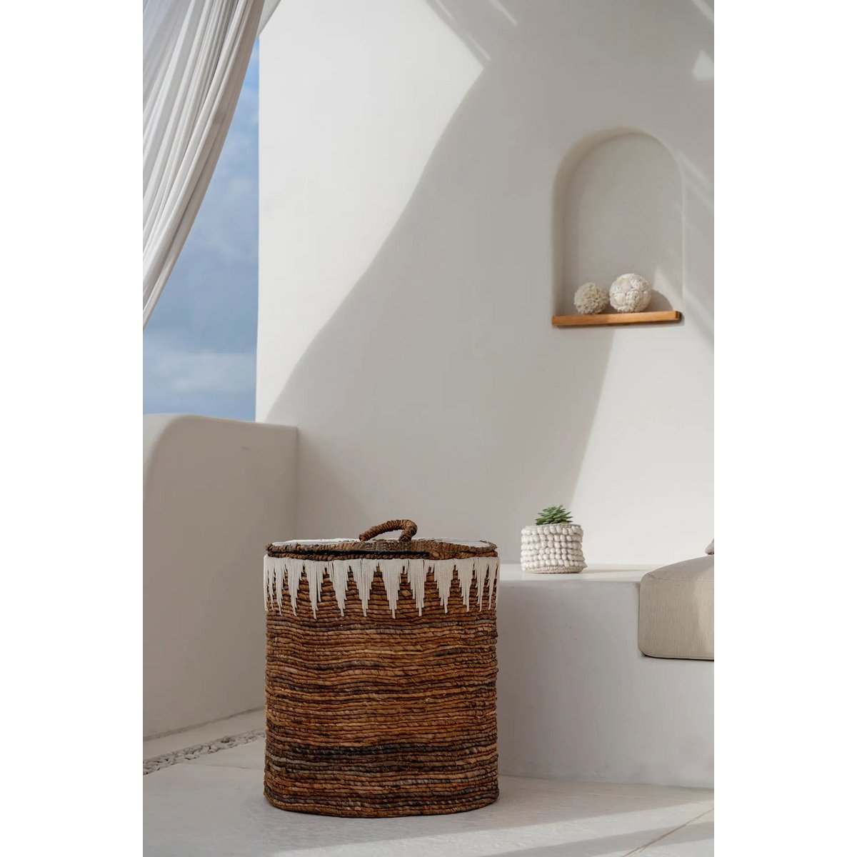 Banana Fiber Laundry Basket - Medium Stitched Storage with Lid