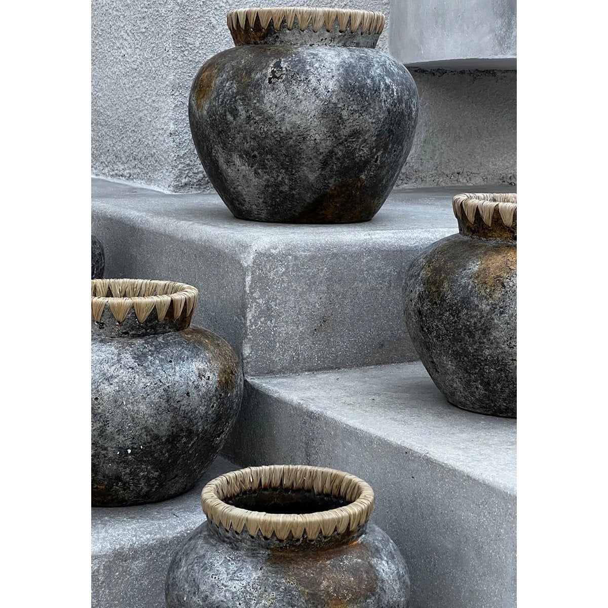 Terracotta Vase - Antique Grey Raffia Vase - Medium