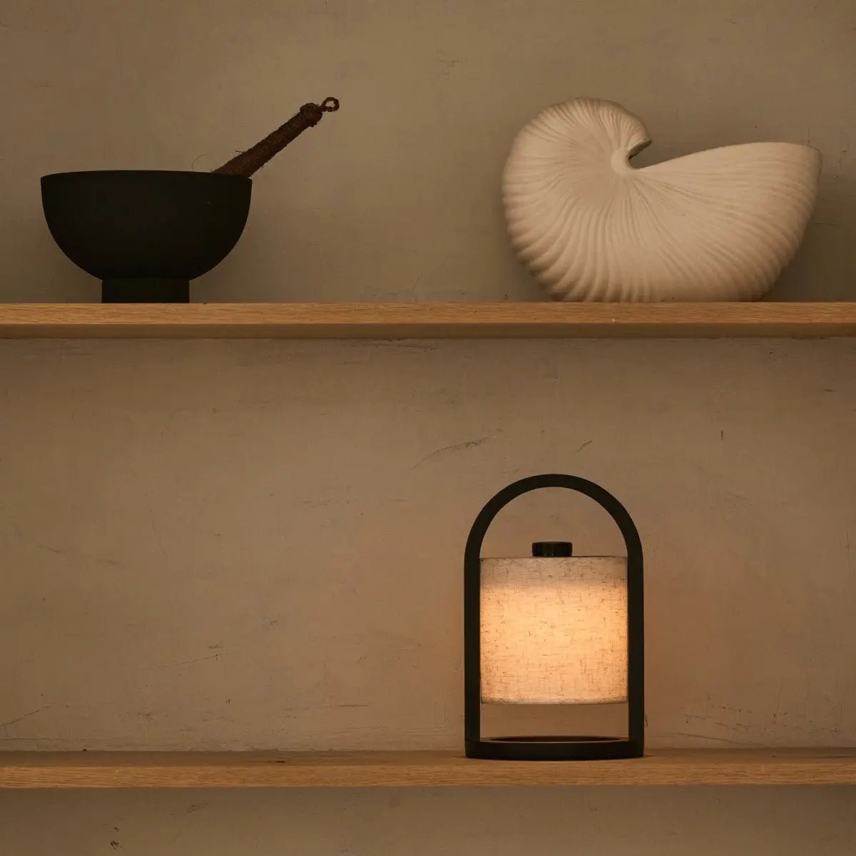 Wooden Rechargeable Table Lamp - Dark Brown Linen Blend, 100-Hour Battery
