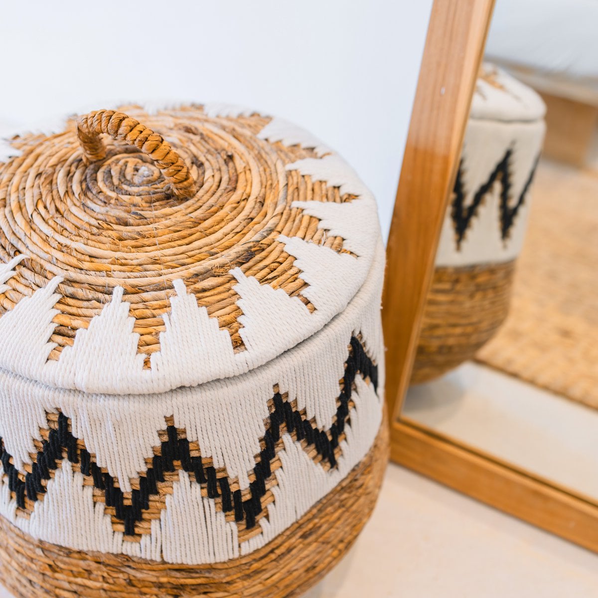 Boho Laundry Basket with Lid - Large Woven Hamper with Cotton Pattern