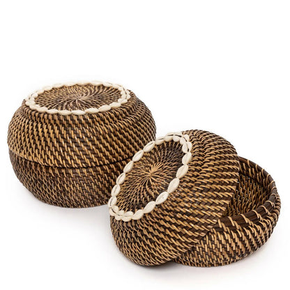 Medium Rattan Basket with Cowrie Shells for Storage