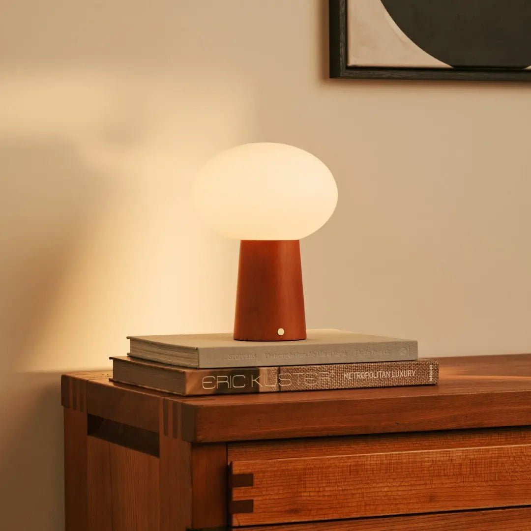 Max Chestnut Brown Wooden Cordless Table Lamp | Rechargeable, Glass, Sustainable Design