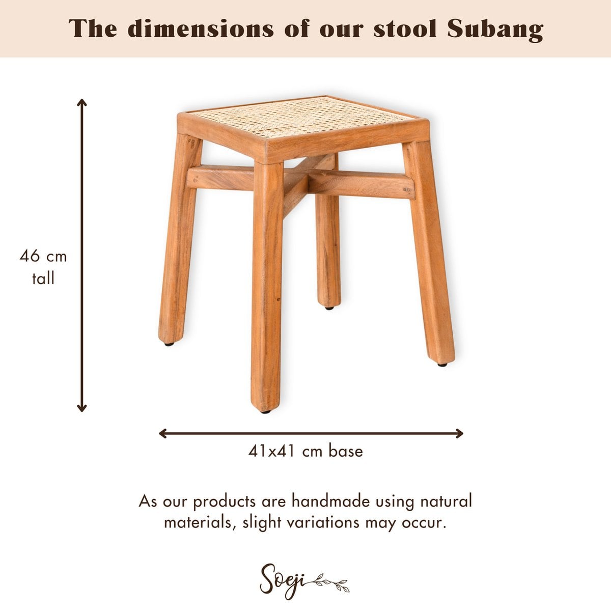 Wooden Stool – Solid Rectangular Stool – Handmade Square Stool Made of Rain Tree Wood with Woven Rattan Seating Surface SUBANG