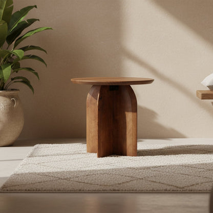 Mango Wood Side Table - Round Bullnose Accent Table, 50 cm