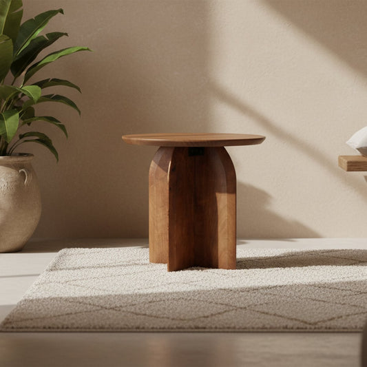 Mango Wood Side Table - Round Bullnose Accent Table, 50 cm