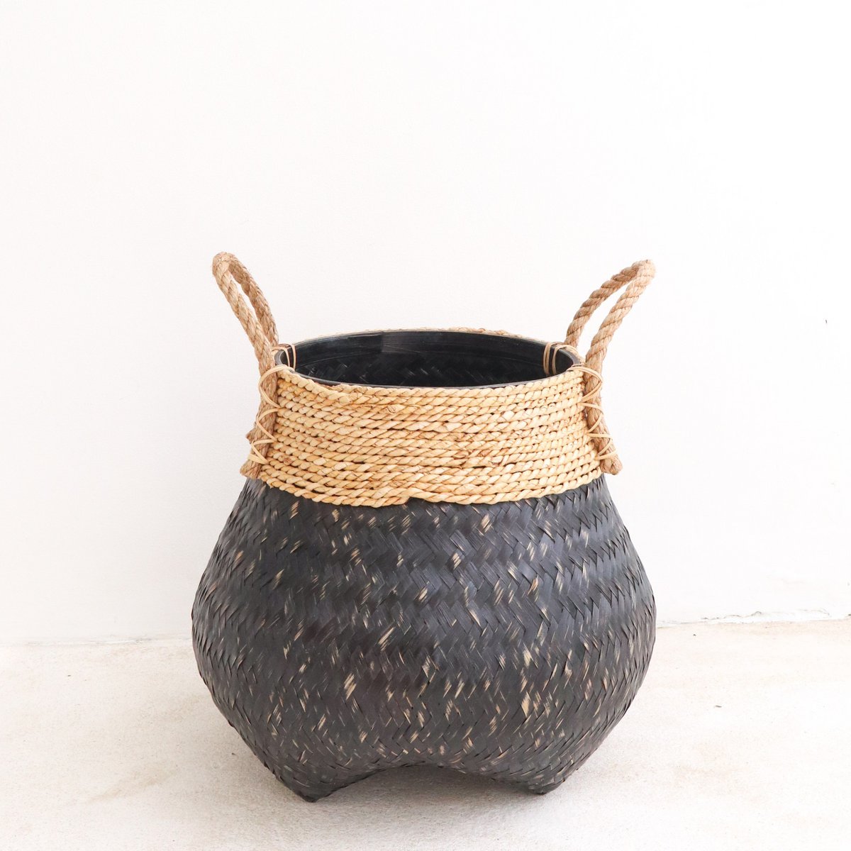 Bamboo & Seagrass Basket - Black Hand-Woven Decorative Plant Basket