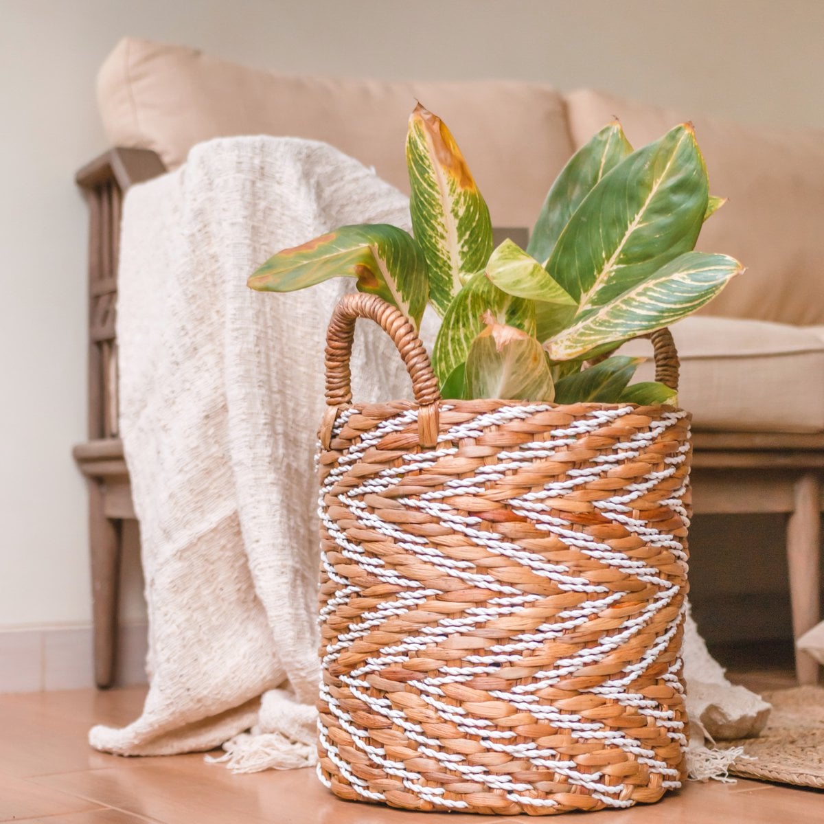Panier Tressé Rond à Motif rayé YALIMO fabriqué en Hydrocoton (3 tailles)