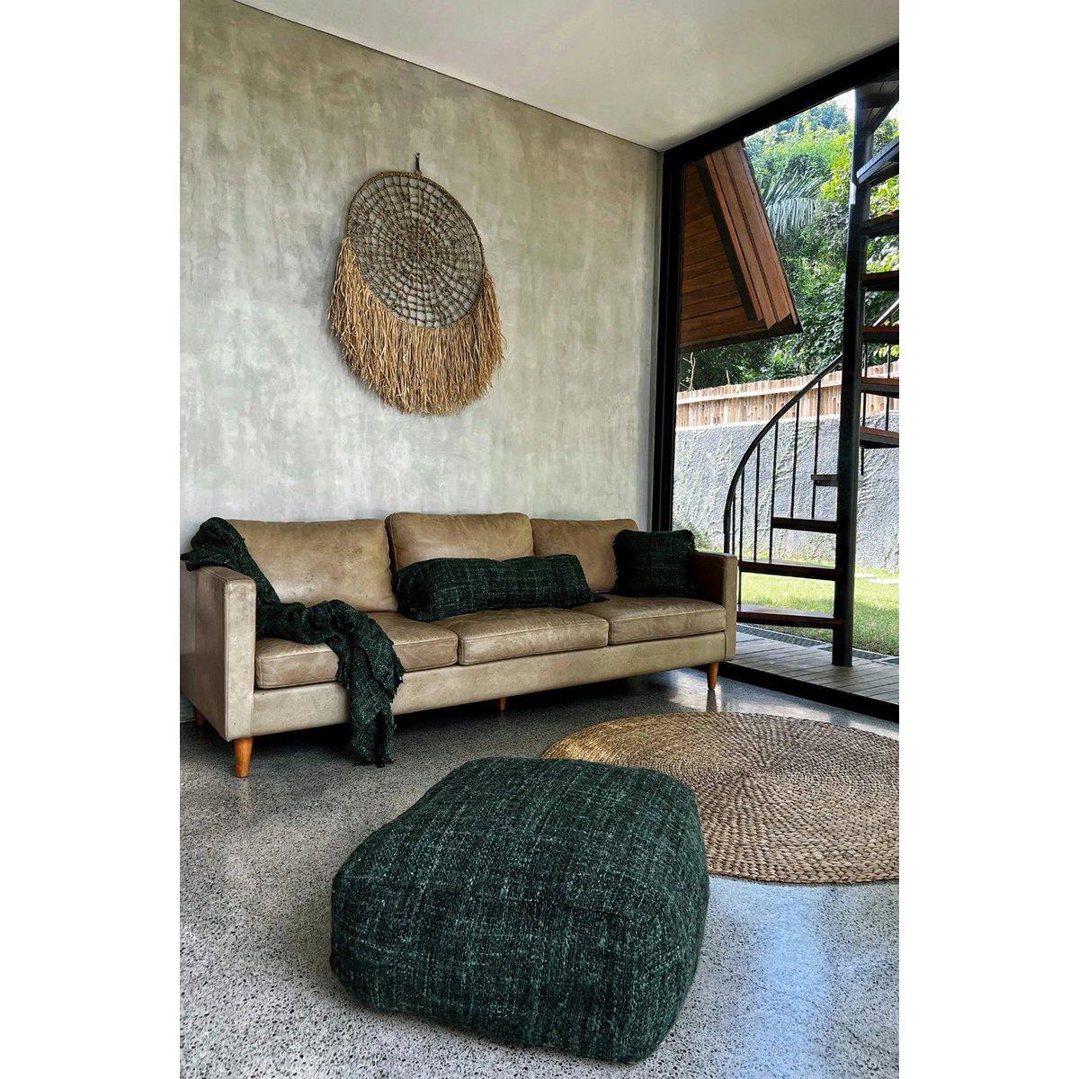 Cotton Pouffe Handmade Forest Green Versatile Seating Ottoman