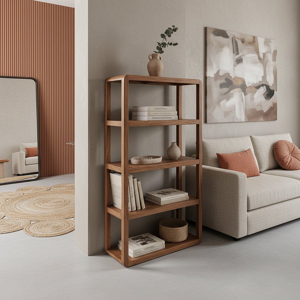 Mango Wood Bookcase - 5-Shelf Bullnose Rack for Home Storage