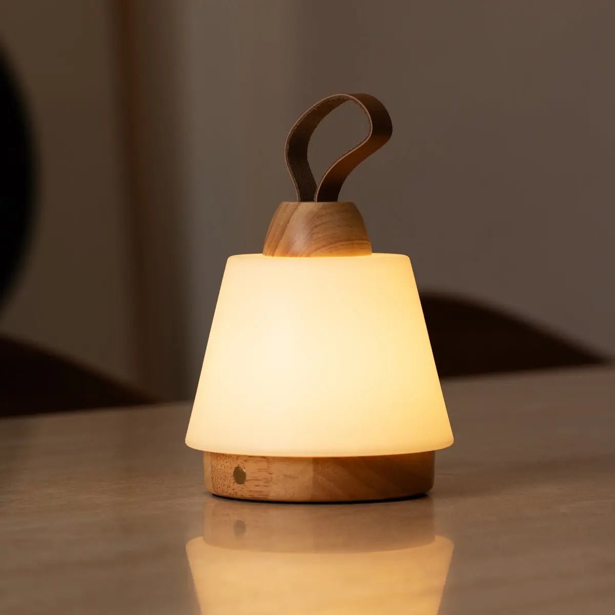 Rechargeable Table Lamp - Brown Wood & Leather, Dimmable