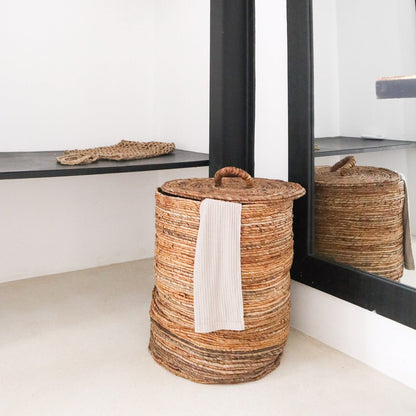 Banana Fiber Laundry Basket with Lid - Handmade Storage Ombak