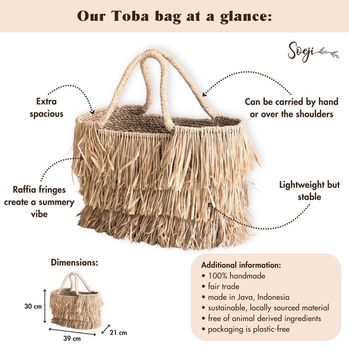 Large Boho Raffia and Seagrass Basket Bag with Fringes – Handmade Summer Tote Bag TOBA