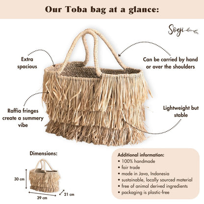 Large Boho Raffia and Seagrass Basket Bag with Fringes – Handmade Summer Tote Bag TOBA