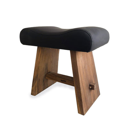 Suar Wood Stool with Leather Seat - Natural Black