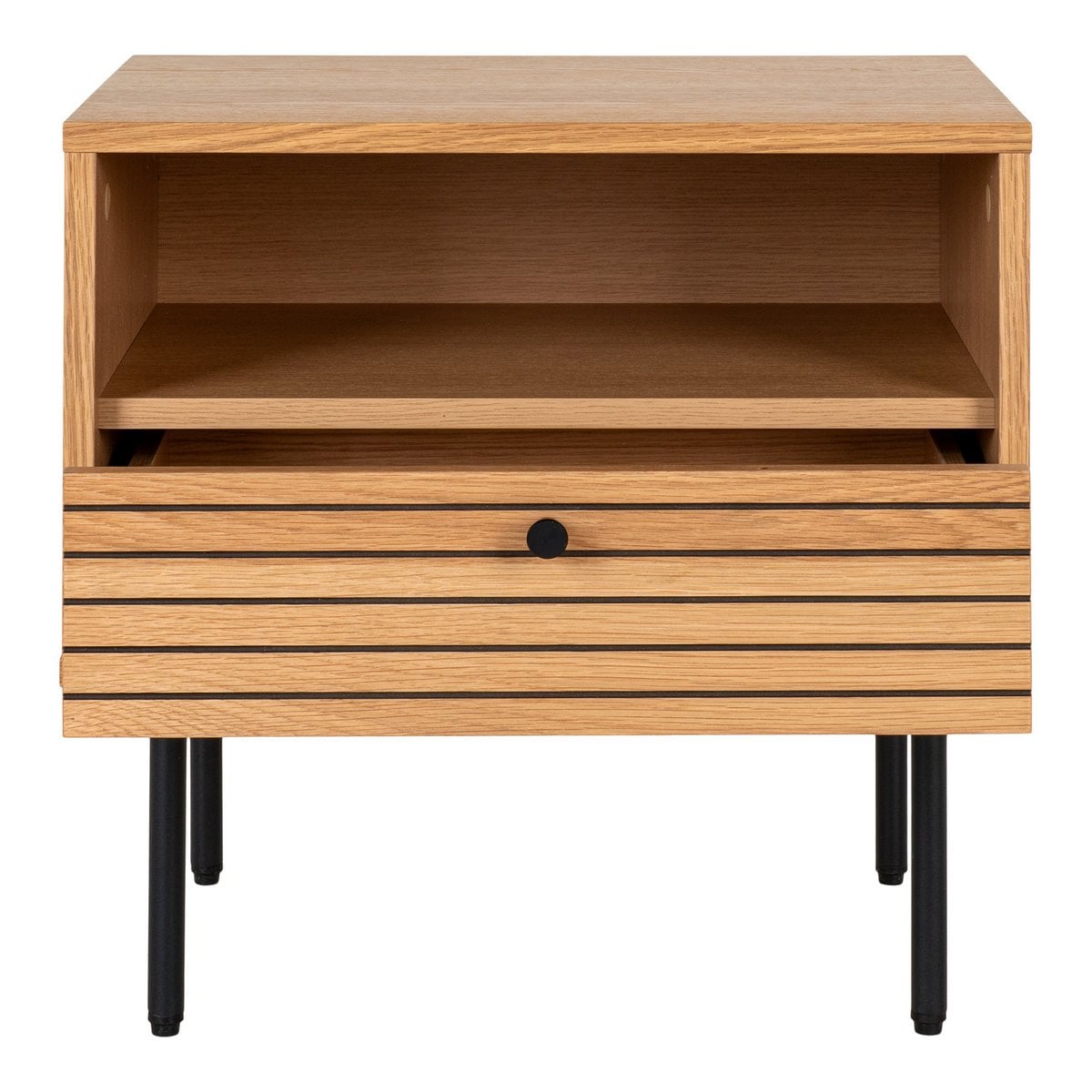 Kyoto Side Table - Side Table, oak veneer, black metal legs, 1 drawer, 50x40x50 cm
