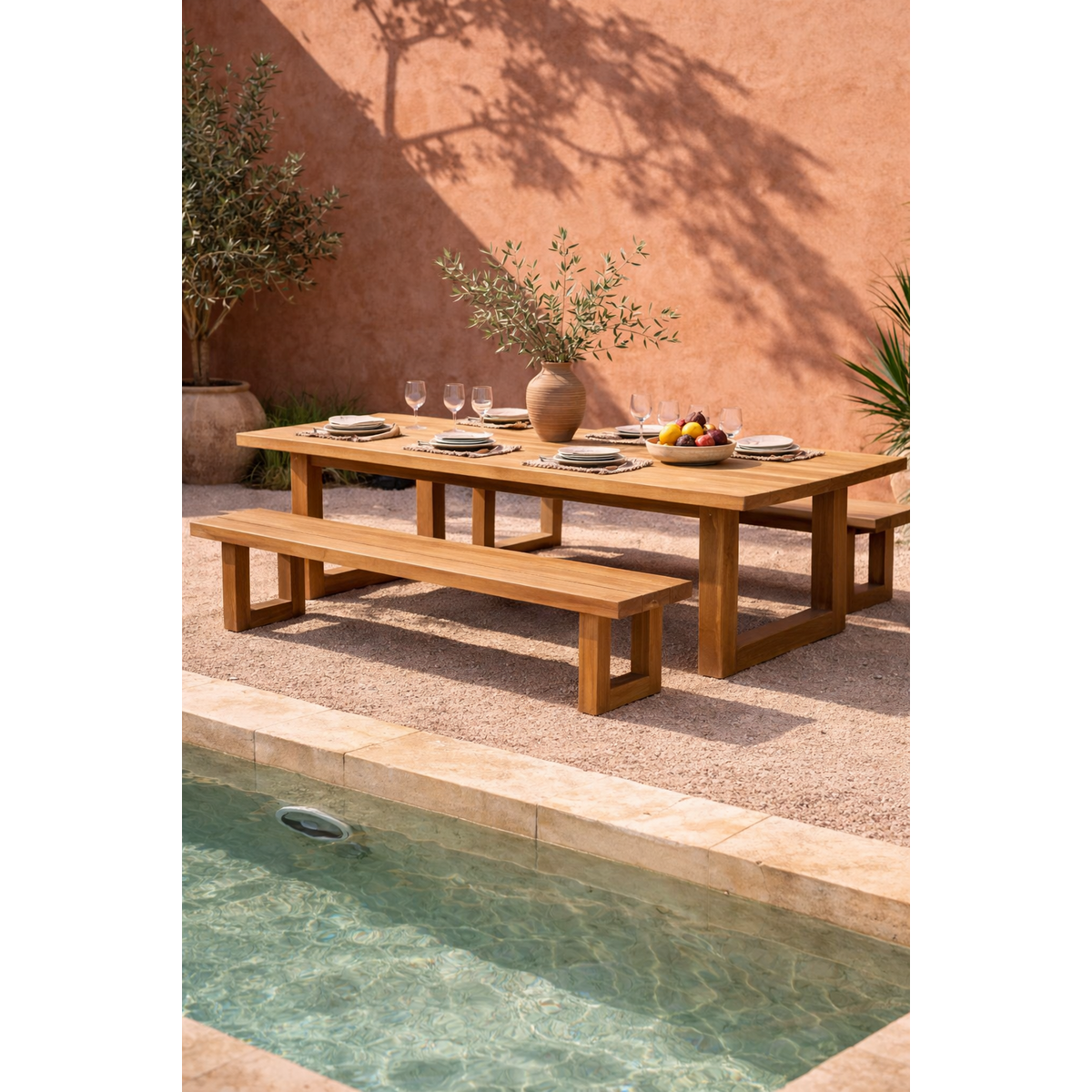 Natural Teak Wood Bench with Square Foot – 280cm