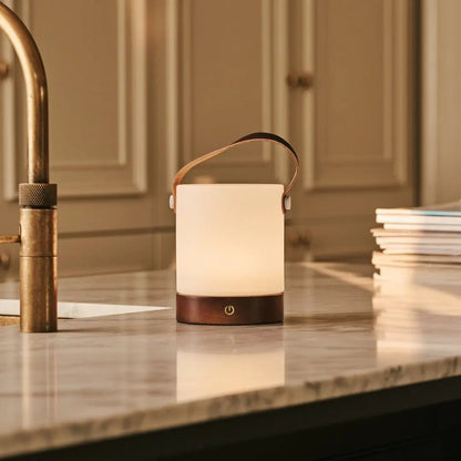 Avery Dark Brown Rechargeable Wooden Table Lamp | Leather Strap, Cordless & Dimmable