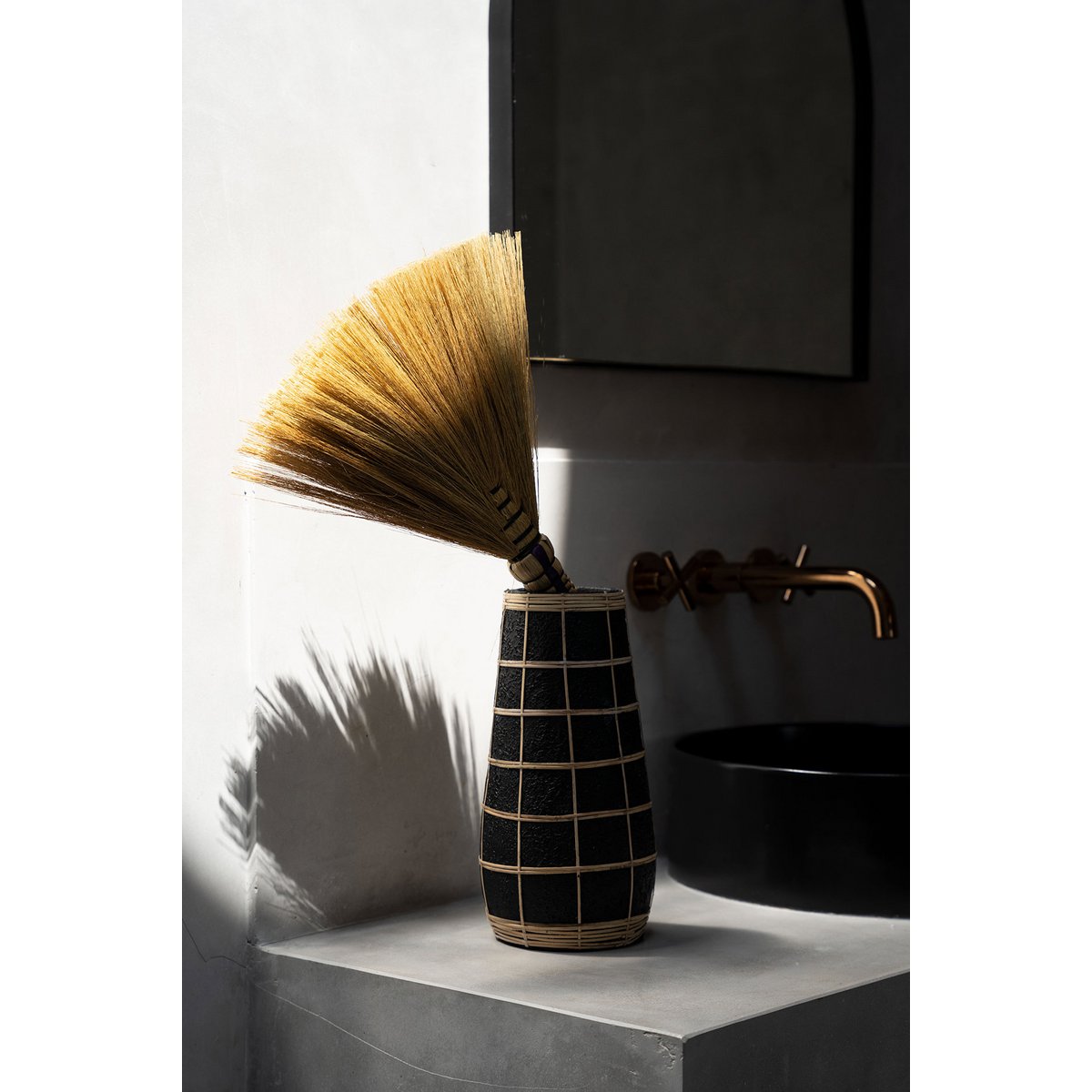 Terracotta Vase with Raffia - Black & Natural Decorative Vase - Large