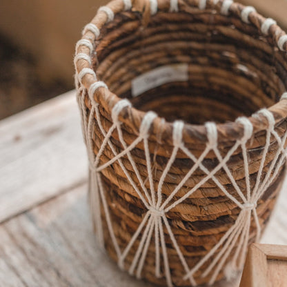 Banana Fibre Plant Basket – Handwoven Storage Basket with Macramé Detail