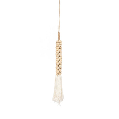 Natural Wood Bead Tassel - White Cotton Wall Hanging Decor