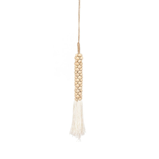 Natural Wood Bead Tassel - White Cotton Wall Hanging Decor