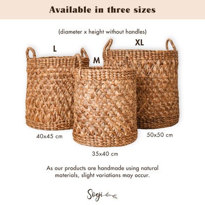Water Hyacinth Laundry Basket - Boho Woven Hamper - Brown