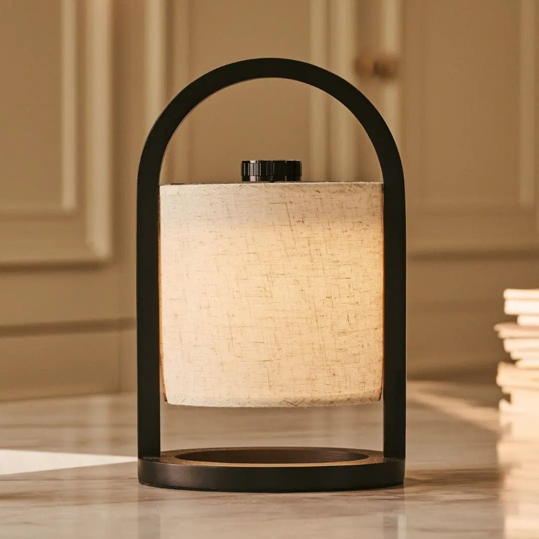 Black Wood Rechargeable Table Lamp | Linen Shade & 100-Hour Battery