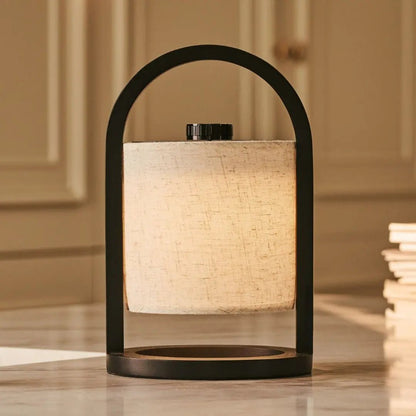 Black Wood Rechargeable Table Lamp | Linen Shade & 100-Hour Battery