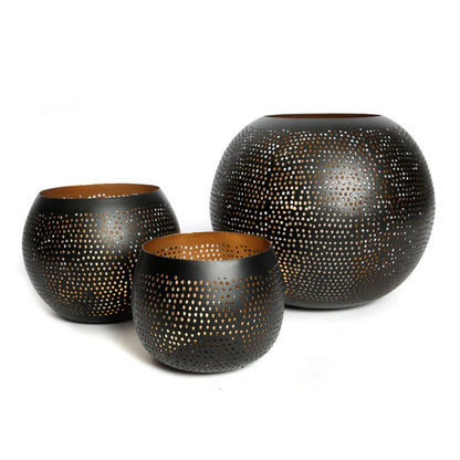 Brass Tea Light Holder – Pierced Ball Design, Black & Gold, Small