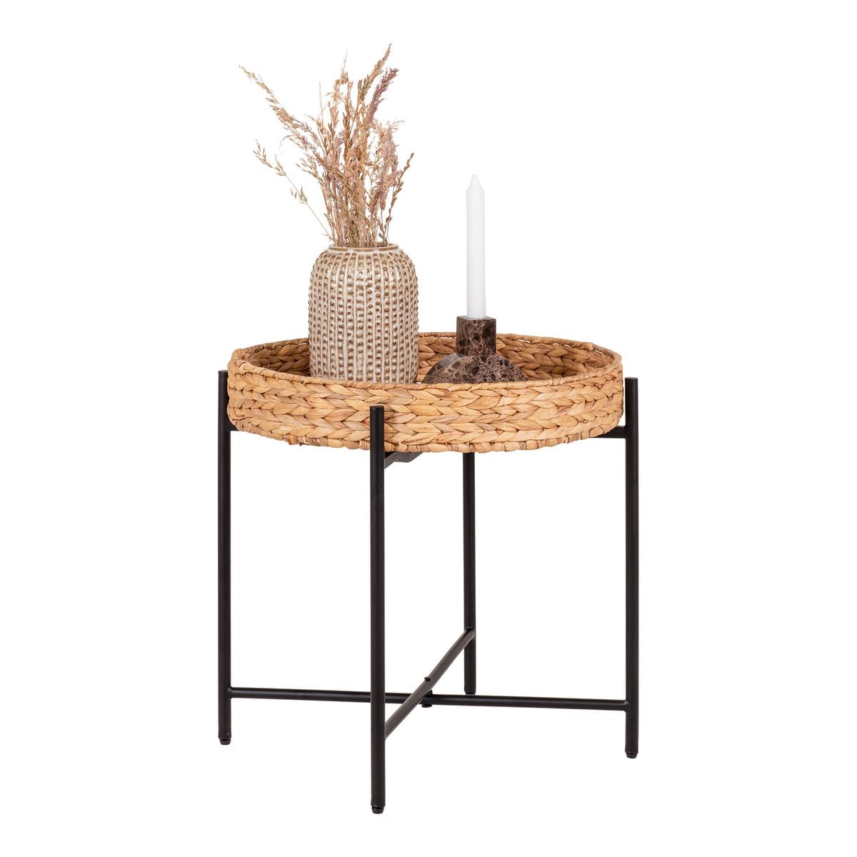 Water Hyacinth Side Table - Black Metal Frame, Natural Round Accent