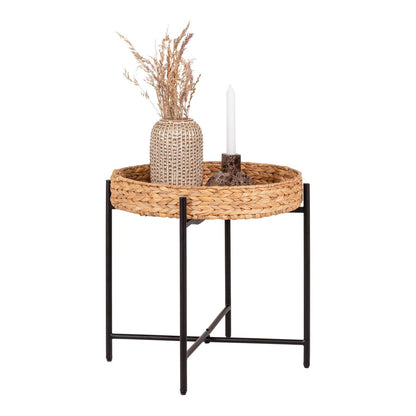 Water Hyacinth Side Table - Black Metal Frame, Natural Round Accent
